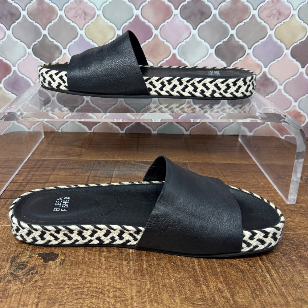 Eileen Fisher Pear Black Leather Chevron Woven Espadrille Slide Sandals 7 - Picture 5 of 15